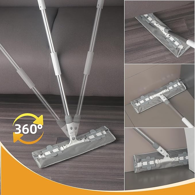 Flat Microfiber Mop for Floor Cleaning 15.7 in (40 cm) Aluminum Base 4-Section Aluminum Handle 52 in Dry &amp Wet Use 4 Washable Pads Debris Scraper – LJGG (Gray/White)