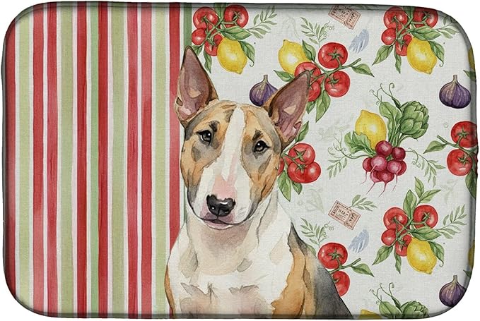 Caroline's Treasures Tricolor Miniature Bull Terrier Vegetables Dish Drying Mat Absorbent Dish Drying Mat Pad for Kitchen Counter Dish Drainer Mat for Countertop 14 x 21 Multicolor