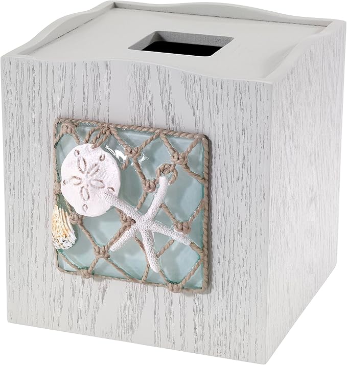 Avanti Linens - Tissue Box Cover Decorative Resin Cover Beach Inspired Bathroom Accessories (Seaglass Collection)