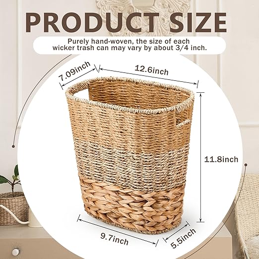 2 Pcs Wicker Trash Can with 50 Small Trash Bag Wicker Waste Woven Basket with Handles Clear Multi Use Garbage Bags for Bathroom Kitchen Bedroom(Various MaterialsClassic Style)