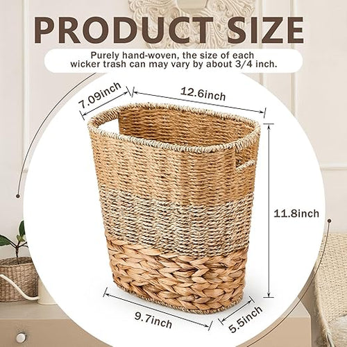 2 Pcs Wicker Trash Can with 50 Small Trash Bag Wicker Waste Woven Basket with Handles Clear Multi Use Garbage Bags for Bathroom Kitchen Bedroom(Various MaterialsClassic Style)