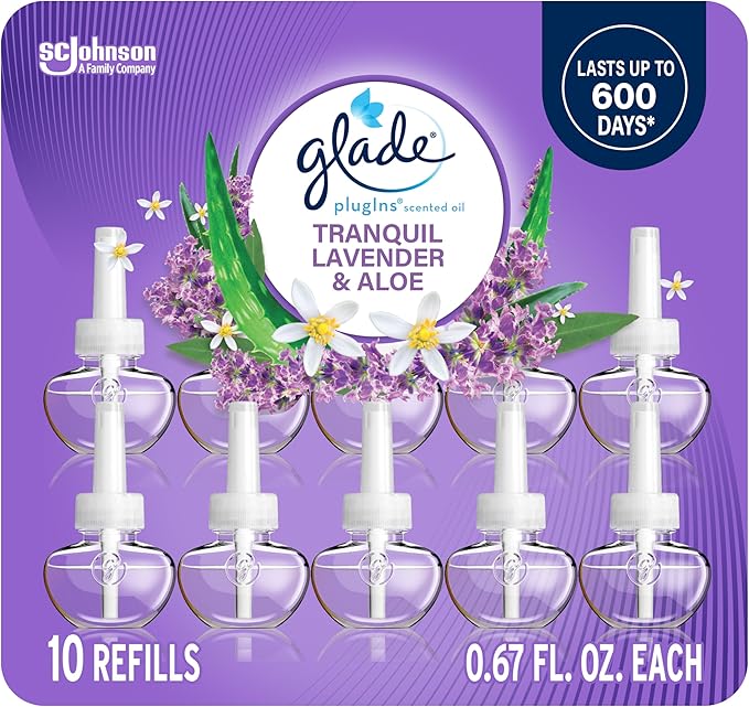 Glade PlugIns Refills Air Freshener Tranquil Lavender &amp Aloe Scented and Essential Oils for Home and Bathroom 0.67 Fl Oz 10 Count