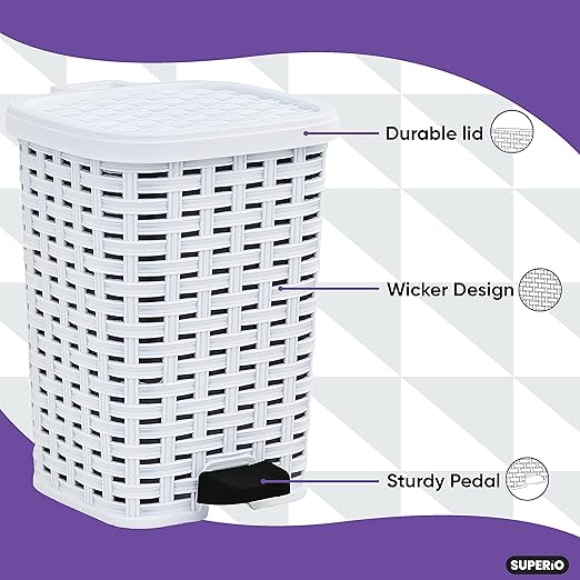 Superio Small Outdoor Trash Can with Lid for Dog Poop 3 Gallon/12 L Mini Plastic Garbage Can with Foot Pedal for Bathroom Bedroom Office Patio Wicker White