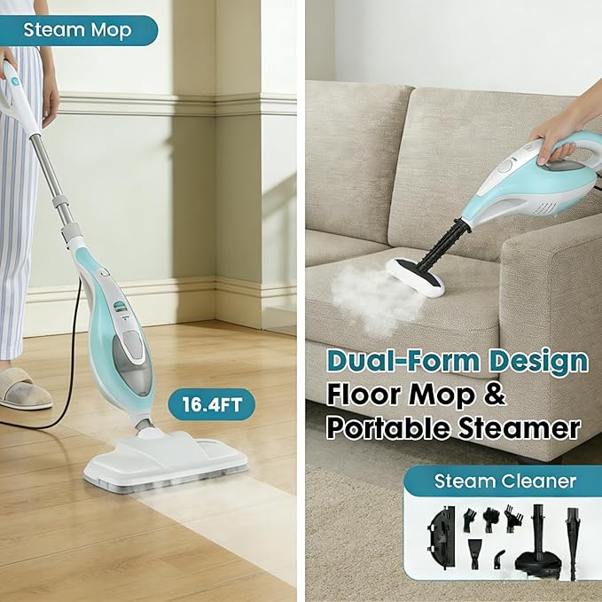 Simple Deluxe 10-in-1 Steam Mop 1550W Detachable Handheld Steam Cleaner with 16FT Cord &amp 2 Pads Multi-Surface Floor Steamer for Hardwood Tile Carpet Windows Green