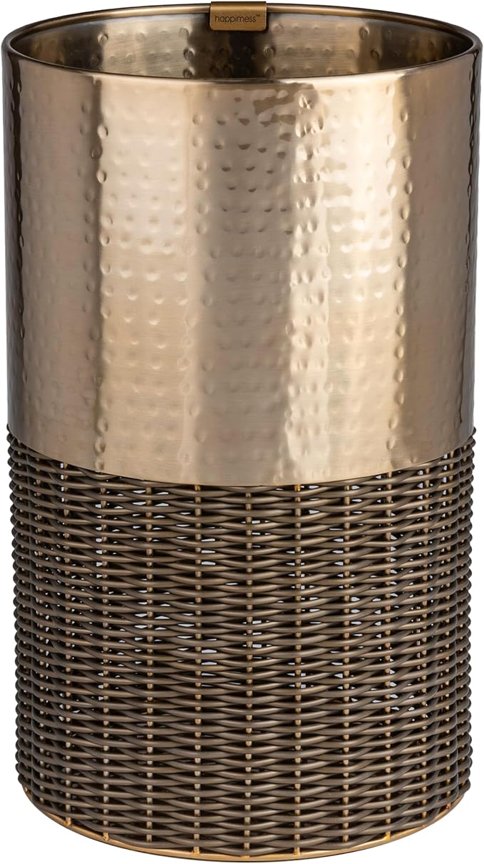 happimess HPM1102A Asher Modern 4.13-Gallon 2-Tone Faux Wicker/Metal Cylinder Waste Basket Bronze/Coffee for Home Bathroom Living Room Office Bedroom Kitchen