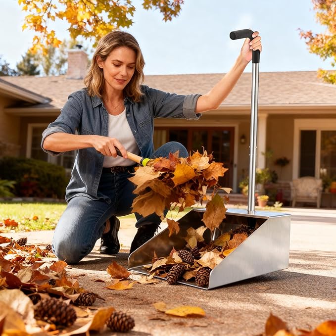 32In Extra Large Dust Pan with Long HandleHeavy Duty Metal Dust Pan for Jumbo Debris Pan-Commercial Stand up DustpanWide Mouth Outdoor Dustpan for Courtyards/Garage/Sidewalks-Professional Cleaning