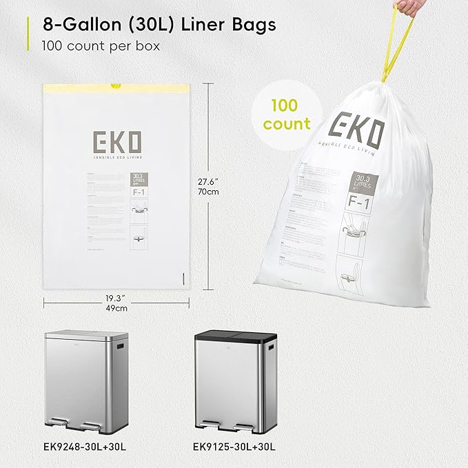 EKO 8 Gallon / 30.3 Liter100 Count Drawstring Trash Bags Extra-Strong Unscented Garbage Bags Easy-Dispense Roll for Kitchen &amp Household Use Resists Tears Leaks and Punctures Code F-1 White
