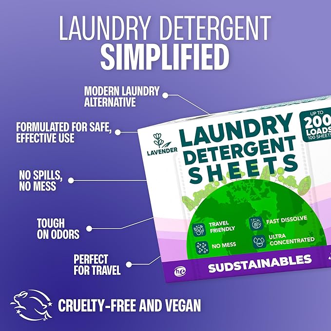 Sudstainables Laundry Detergent Sheets 200 Loads – Dissolvable Laundry Sheet for Washing Machines Compact Alternative to Liquid &amp Powder Detergent Travel-Friendly Soap | Lavender