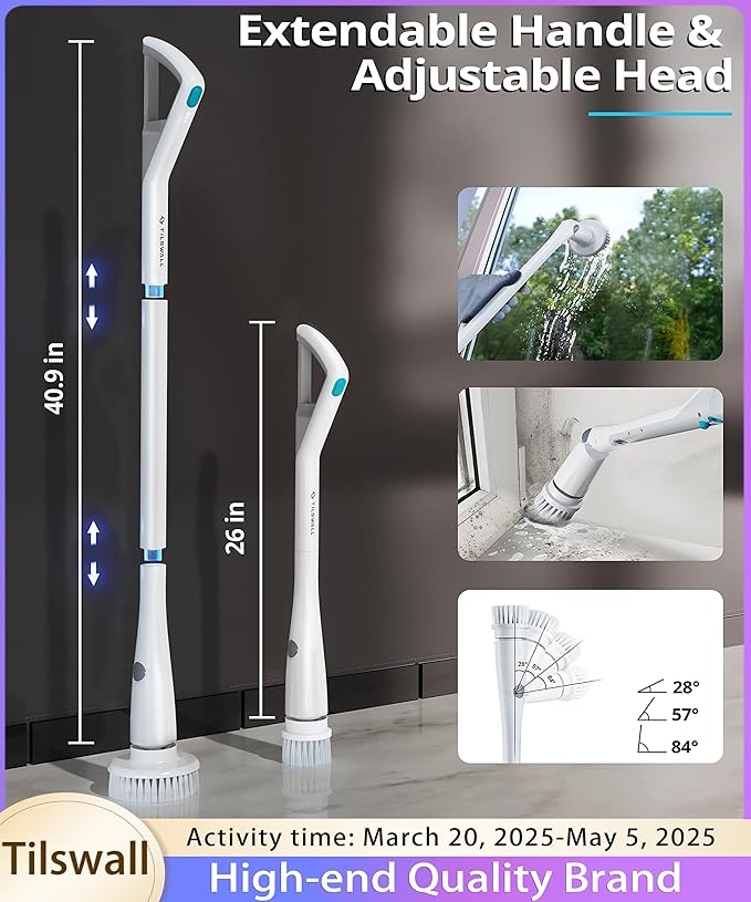 Tilswall Cordless Electric Spin Scrubber - Powered Shower &amp Tile Cleaning Brush with Detachable Handle 2-Speed Modes &amp Extra Battery for Bathroom Tub/Glass/Car Windows