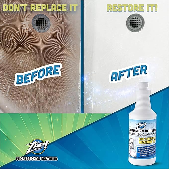 ZAP! Professional Tile &amp Grout Restorer | Cleans &amp Restores Porcelain Fiberglass Tile &amp Grout Surfaces | Rust &amp Hard Water Remover | Kitchens &amp Bathroom Porcelain Sinks Toilets