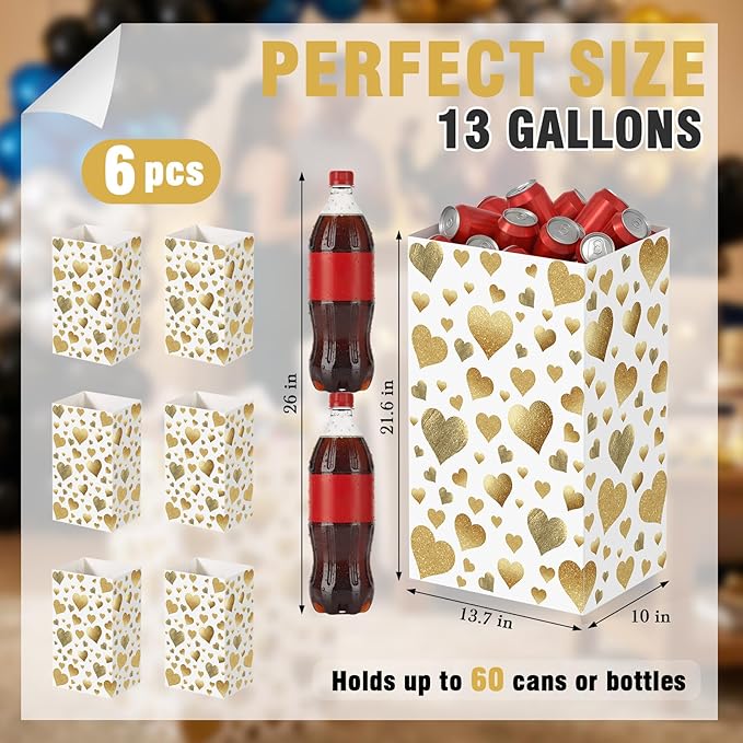 Tinlade 6 Pack 13 Gallon Golden Heart Disposable Trash Cans for Parties Extra Large Thick Waterproof Pop up Recycling Bins Foldable Garbage Bins for Wedding Baby Shower Birthday Party