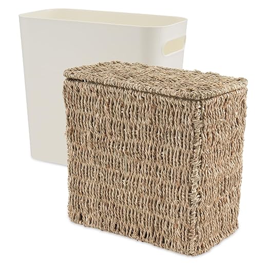 Wicker Trash Can with Lid and Liner Bathroom Trash Can with Lid Natural Water Hyacinth Wicker Waste Basket Boho Rattan Garbage Wastebasket for Bedroom Living Room Office Kitchen