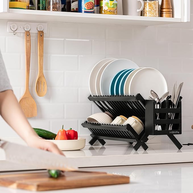 HBlife Dish Rack Black Bamboo Folding 2-Tier Collapsible Drainer Dish Drying Rack with Utensils Flatware Holder Set (Dish Rack with Utensil Holder)