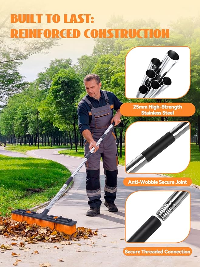 18.5/47cm Adjustable Head Push Broom for Outdoor 57/145cm Thickened Stainless Steel Handle Ergonomic Shop Broom Stiff Bristle Heavy Duty Industrial Concrete Garage Patio Garden Yard Deck Driveway