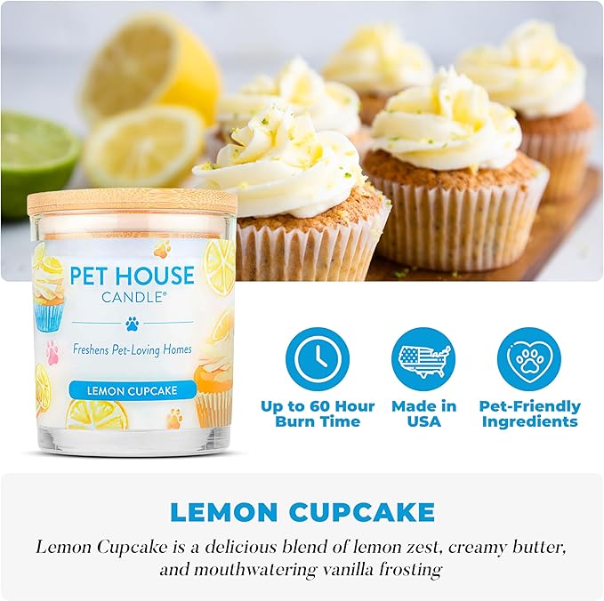 Pet House Candles Clean Long-Lasting Pet Odor Candles for Home Plant-Based 60 Hour Burn Time - Lemon Cupcake 9 oz
