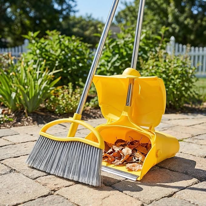 Long Handle Heavy Duty Broom and Dustpan Set Outdoor and Commercial Upright Dustpan and Brush for Restaurant Garage Garden Yard Office Yellow
