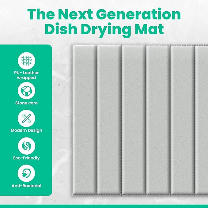 25 x 15 Large Stone Dish Drying Mat for Kitchen Counter Sink - Quick Dry Super Absorbent Diatomaceous Earth Pad for Dishes Mats for Bathroom - Absorbing Mats Odorless Food-Safe - Gray