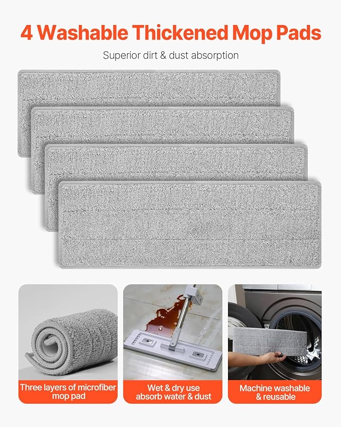 Happybuy Microfiber Flat Mop with Self-Wringing Handle – Includes 4 Washable Pads for Wet/Dry Cleaning on Tile Laminate &amp Hardwood Floors