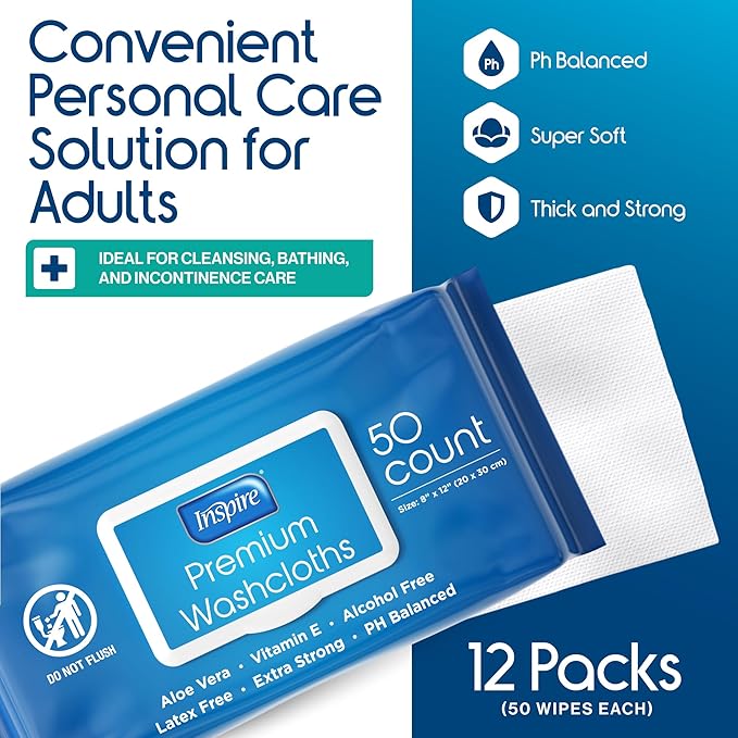 Inspire Adult Wet Wipes Wash Cloths | Adult Wipes for Incontinence &amp Cleansing for Elderly 8x12 Count 12 packs of 50