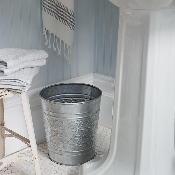 Autumn Alley Farmhouse Bathroom Trash Can Garbage Can Round Open Top Garbage Basket Bin for Home Office Rustic Trash Can Cute Decorative Wastebasket Rustic Bathroom Decor Galvanized