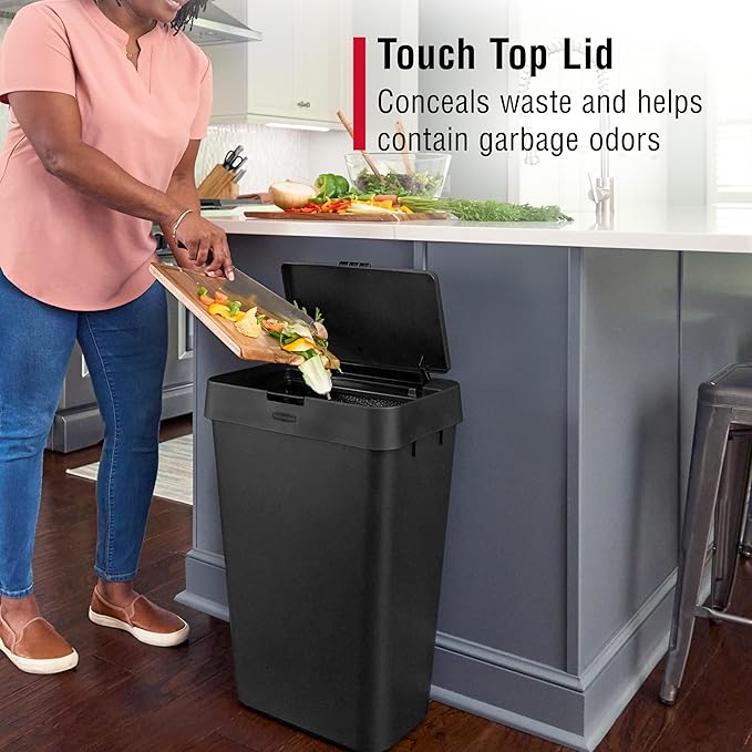 Rubbermaid Touch-Top Kitchen Trash Can with Lid 12.2 Gallon Black Garbage Container for Home/Kitchen/Apartment/Garage