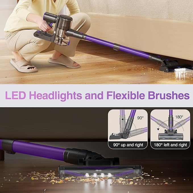 Zefiro Cordless Vacuum Cleaner for Home450W /40Kpa 50Mins Stick VacuumAnti-Tangle 1.5L Dust Cup Rechargeable Wireless Handheld Vacuum for Pet Hair/Carpet/Floor