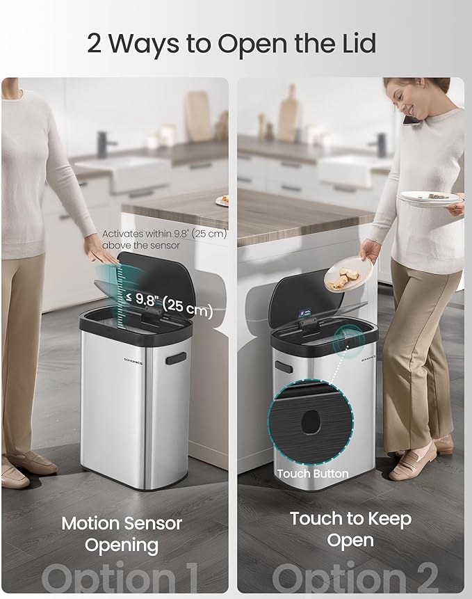 SONGMICS Motion Sensor Trash Can 13-Gallon (50 L) Automatic Garbage Can with Soft Close Lid Stainless Steel Wave or Touch to Open Includes 15 Bags Metallic Silver and Ink Black ULTB640E01