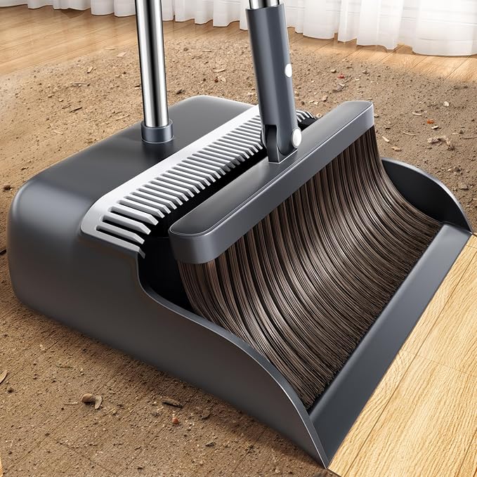 Broom with Dustpan Combo Set Broom and Dustpan Set with 51.6 Long Handle &amp Two Broom Heads Brooms with Dust Pan Teeth for Pet Hair Indoor&ampOutdoor Sweeping Home Kitchen Office