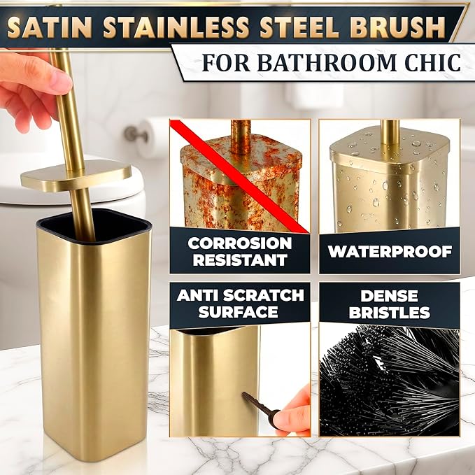 Gold Toilet Brush with Square Holder - Toilet Brush and Holder Set Gold Stainless Steel Handle with Splash Shield Replaceable Head and Removable Inner Cup - Freestanding Bathroom Toilet Cleaning Set