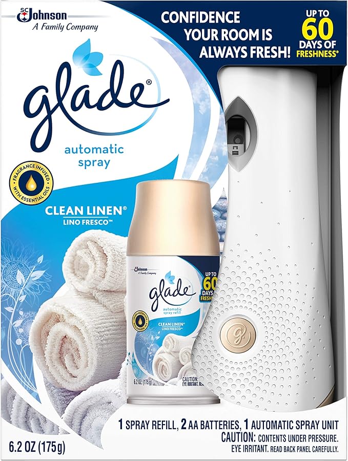 Pack of 4 - Glade Automatic Spray Air Freshener Starter Kit Clean Linen 6.2 Fluid oz Blue