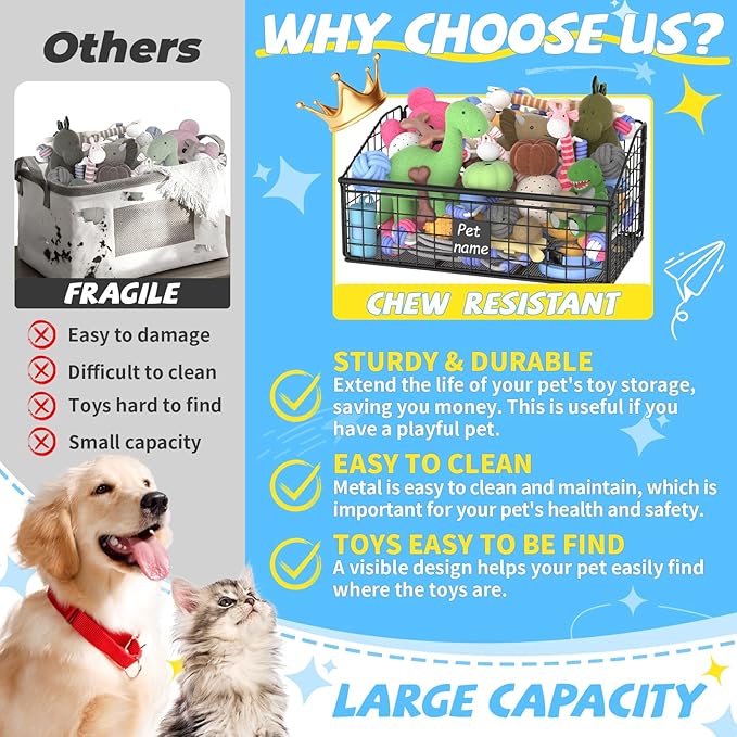 Indestructible Dog Toy basket Medium Toy Box for DogsPet Toy Bin Dog Metal Basket for Toys Toy Storage Organizer Toy Box for Living Room Area (Black)