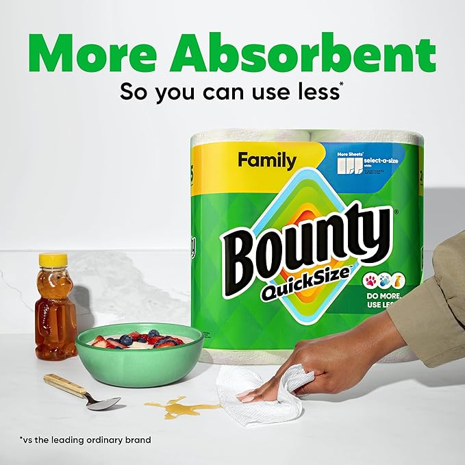 Bounty Paper Towels Quick Size White 16 Family Rolls = 40 Regular Rolls