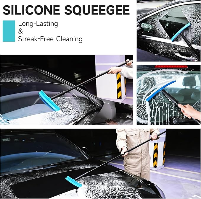 FOSHIO TPU Squeegee 10-Inch Blade with 4 Extension Poles (Extends up to 63 Inches) Anti-Slip Grip Handle Rubber Squeegee Streak-Free Cleaning for Car Windows Shower Doors Mirrors Glass