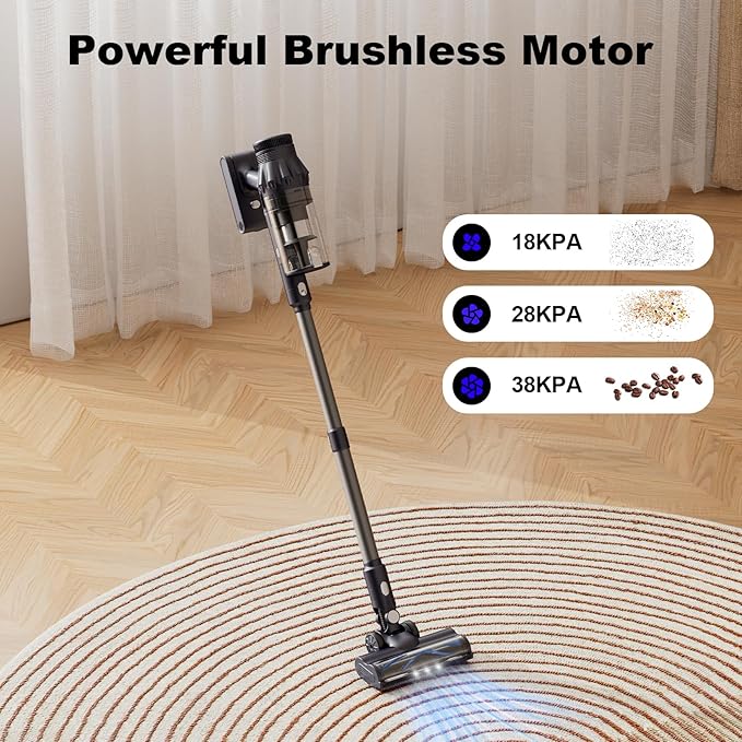 KKN Vacuum Cleaner - Lightweight Cordless Vacuum LED Headlights 450W 38Kpa Powerful Suction Stick Vacuum with Touch Screen Detachable Battery for Pet Hair Carpet Hardwood Floor Blue