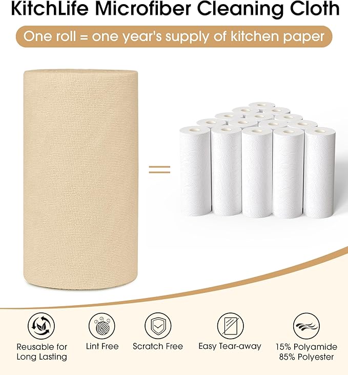 KitchLife Microfiber Cleaning Cloth Roll 100 Pack - Tear-Away Microfiber Paper Towels Lint-Free Reusable Washable for Kitchen Car Dishes and Sensitive Surfaces (Wheat)