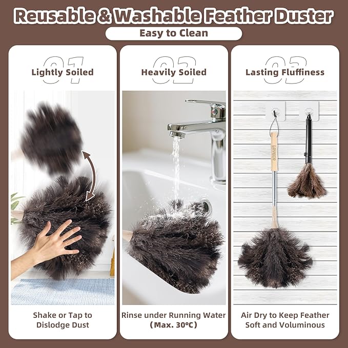 Ostrich Feather Dusters for Cleaning Kit - Reusable Soft Feather Duster Extendable to 49 inches for Cleaning Ceiling Fan High Ceiling Blinds &amp Retractable Small Duster for Keyboard Car