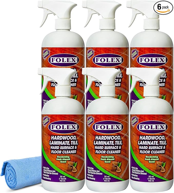 FOLEX Hardwood Laminate Tile Hard Surface &amp Floor Cleaner with Reusable Cleaning Cloth Fresh Almond Scent Residue and Streak Free - 6 Pack