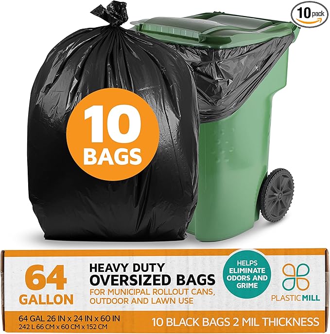 PlasticMill 64 Gallon Garbage Bags: Black 2 Mil 50x60 10 Bags.