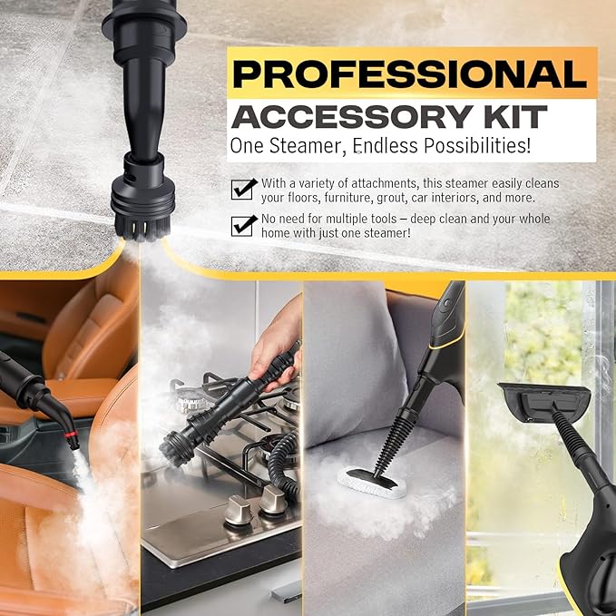 Powerful Handheld Steam Cleaner 10s Fast Heat 230°F High Pressure Steam Chemical-Free Cleaning 9-Piece All-in-One Kit for Grout Kitchen Car &amp Upholstery