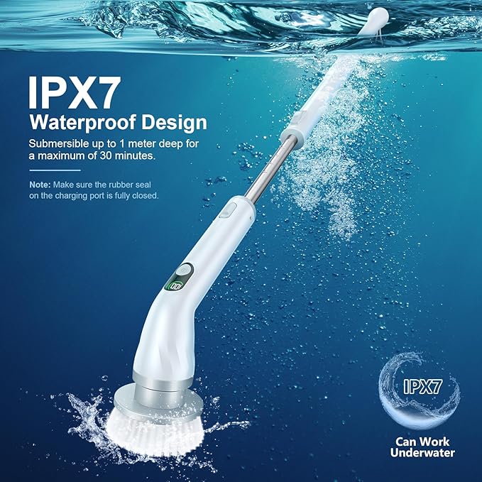 LABIGO Electric Spin Scrubber LA4 Pro Dual Speed Bathroom Scrubber with Display &amp 6 Replacement Cleaning Heads Cordless Power Scrubber with Adjustable &amp Detachable Handle for Bathroom Floor