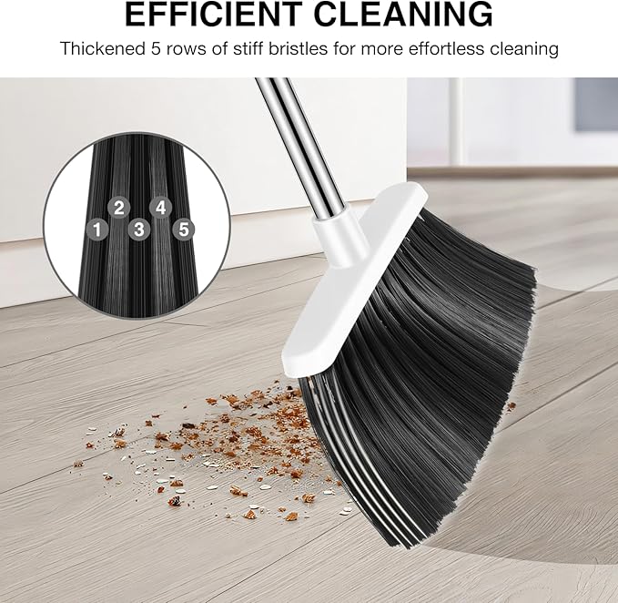 NACENA Broom and Dustpan Set 52-in Long Adjustable Handle Broom Dustpan Combo with Dustpan Teeth to Automatically Clean Hair Suitable for Home Kitchen Office Hall Floor (Grey&ampWhite) 2 Pack