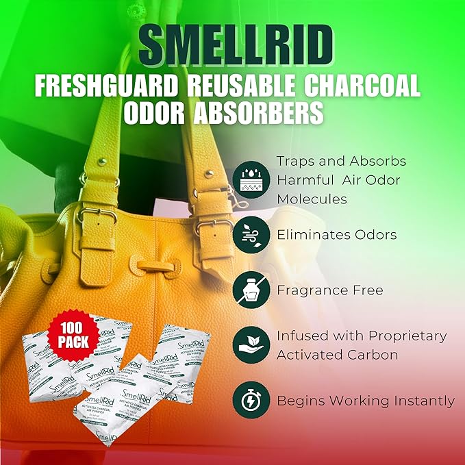 SMELLRID Activated Charcoal Odor Remover That Works [100 Pack] - Mini 5g (2” x 2”) Pack Treats 2 Sq. Ft.- Premium Natural Odor &amp Dampness Absorber Safeguard Stored/Shipped Items