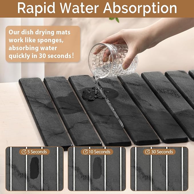 2 PCS Stone Dish Drying Mat for Kitchen CounterQuick Dry Stone Dishes MatsMarbled Water Absorbing Diatomaceous Earth Drying Pad for Countertop Bottles Utensils Cups（Dark Gray 20×14 &amp 8x4）