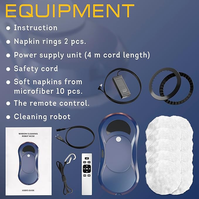 Dark Blue Automatic Window Cleaner Robot W250 11.6 x 5.7 x 2.7 Inch with 30 ml Automatic Water Spray and 10 Cloth Pads. Window Vacuum Cleaner for Windows. Automatic Glass Cleaner Vacuum