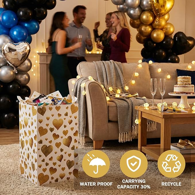 Tinlade 6 Pack 13 Gallon Golden Heart Disposable Trash Cans for Parties Extra Large Thick Waterproof Pop up Recycling Bins Foldable Garbage Bins for Wedding Baby Shower Birthday Party