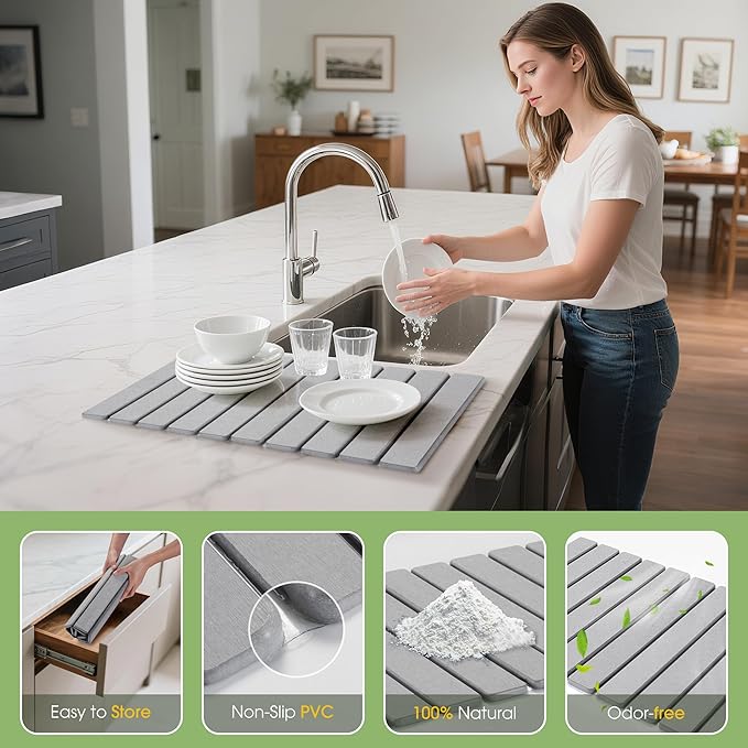 HABUTWAY Large Stone Dish Drying Mat for Kitchen Counter Quick Dry Collapsible Diatomaceous Earth Dish Drying Mats Water Absorbent Drying Mat for Dishes Bottles Cups Foldable (LIGHT GREY 24L×16W)