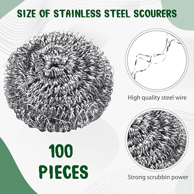Yinkin 100 Pieces Stainless Steel Scrubber Bulk Steel Wool Scrubber Metal Sponge Wire Scouring Pad Heavy Duty Clean Dish Pot Pan and Oven for Kitchen Bathrooms and More