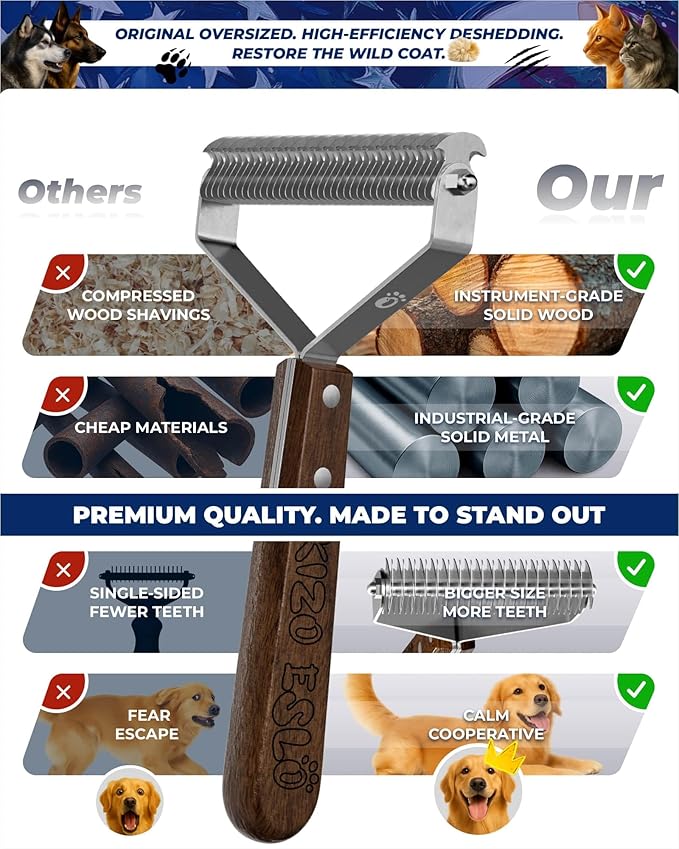 Dog Brush for Shedding 20 Blade Dematting Tool Pet Brush Dual Side Undercoat Rake for Large Medium Small Dogs and Cats Shedding Dog Comb for Grooming Premium Wood Handle