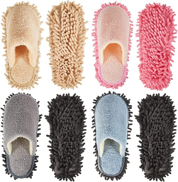 Gerrii 4 Pair Microfiber Cleaning Mop Slippers - Detachable Washable House Mop Slippers for Men and Women Ideal for Kitchen Floor Dust Cleaning Includes Blue Gray Pink Beige(Medium)