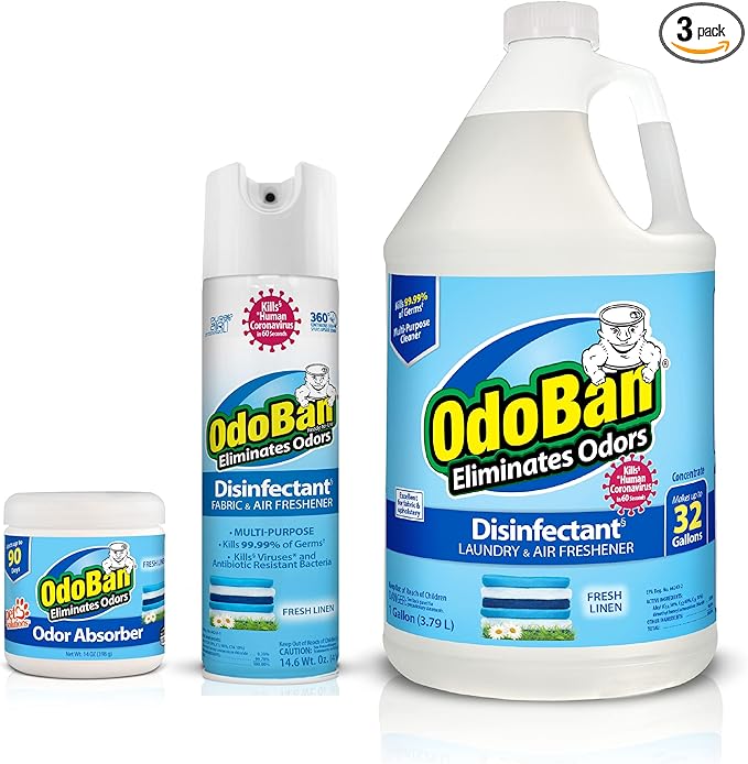 OdoBan Multipurpose Cleaner Disinfectant and Harsh Smell Eliminator Fabric/Air Freshener Pack: Ready-to-Use 360-Degree Continuous Spray 1 Gallon Concentrate Solid Smell Absorber Fresh Linen Scent